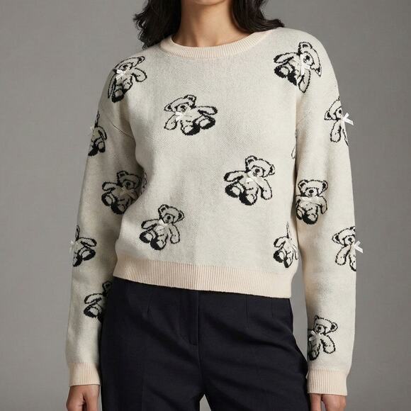 Forever 21 Sweaters - Forever 21 Teddy Bear Bow Intarsia Knit Sweater Cream Black Size Large